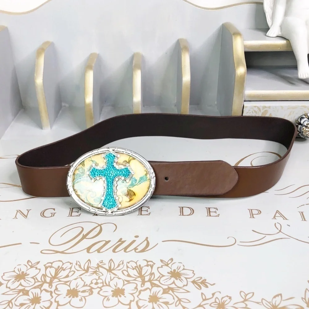 𝅺BROWN boho leather belt with rhinestone cross
